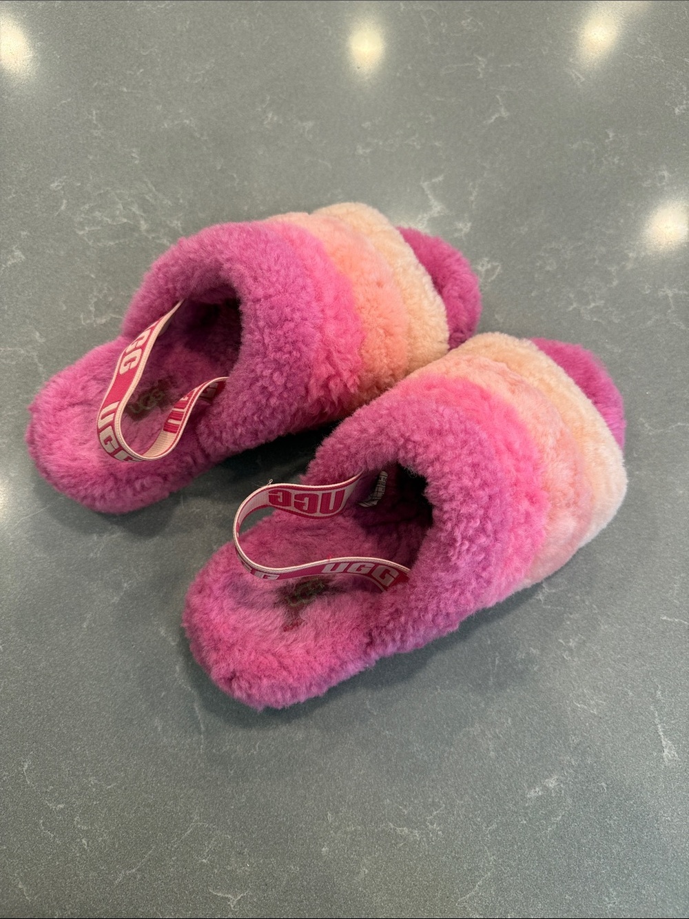 UGG Pink and Cream Ombre Shearling Slide Slippers with Branded Heel Strap